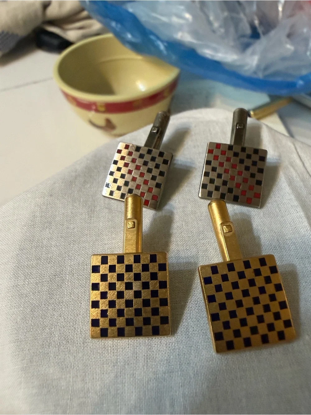 Men's Square Checkered Cufflinks in Silver with Black & Red Accents